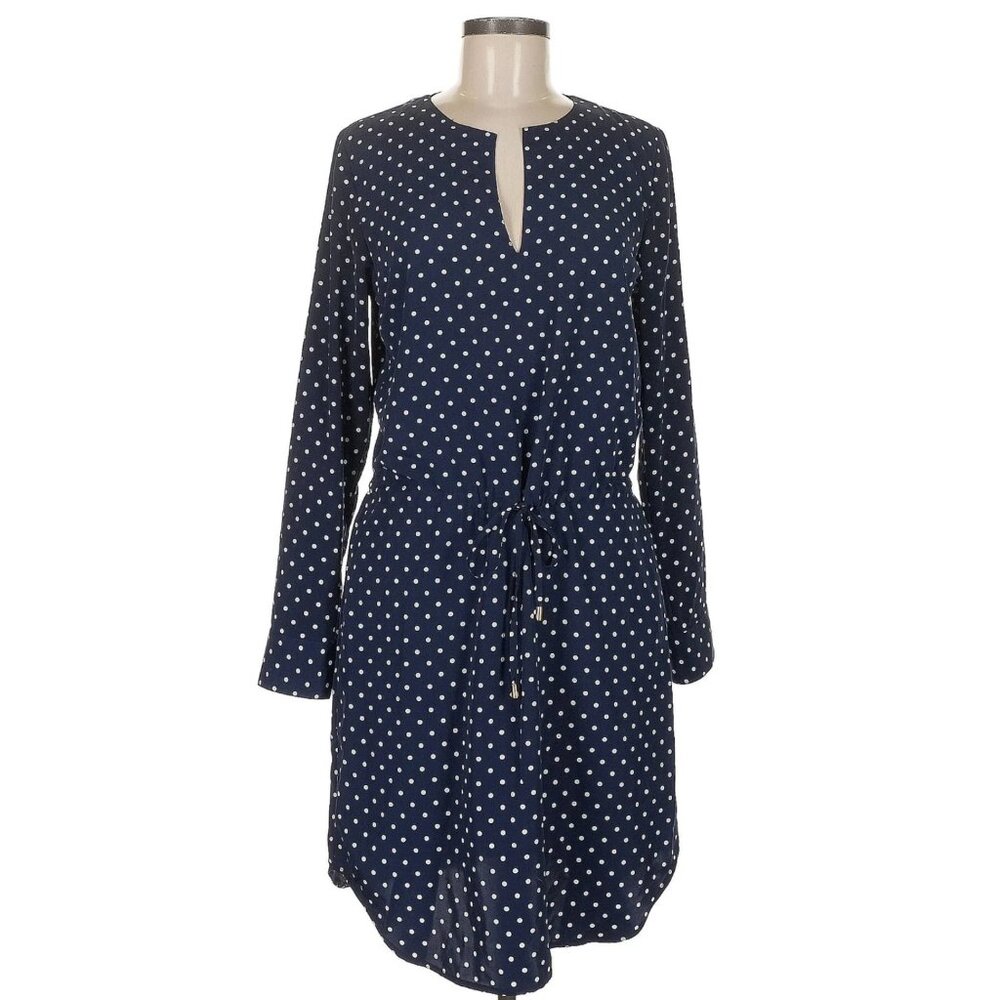 Navy Polka Dot Drawstring Waist Dress